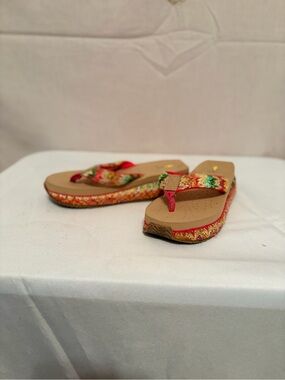Multicolor Woven Strap Wedge Thong Sandals - Red Accents